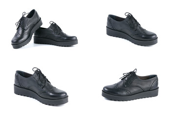 Female Black Shoe on White Background, Isolated Product, Top View, Studio.