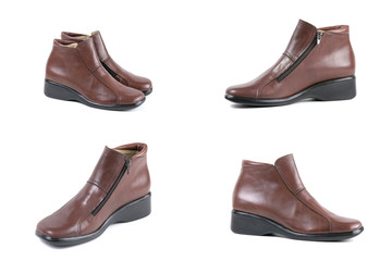 Female Brown Boot on White Background, Isolated Product, Top View, Studio.