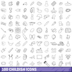 100 childish icons set, outline style