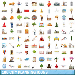 100 city planning icons set, cartoon style