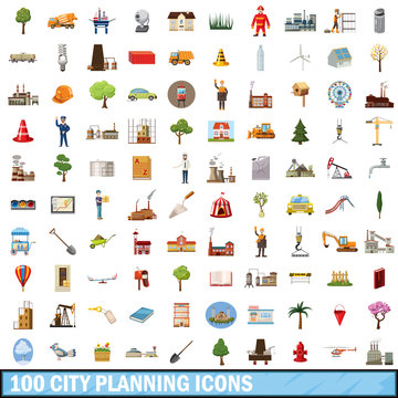 100 City Planning Icons Set, Cartoon Style