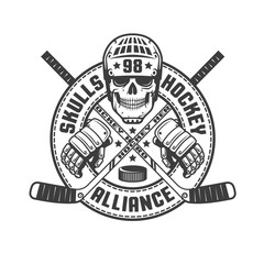 Naklejka premium Vintage monochrome hockey emblem with a skull, sticks, gloves and a circular ribbon. Vector illustration.