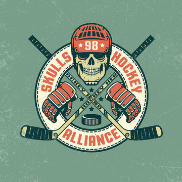 Hockey logo, poster with skull, in retro coloring. Grunge texture on separate layer and can be easily disabled.