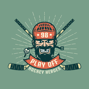Retro playoff logo with bearded hockey player, crossed sticks and sunburst. Worn texture on a separate layer and can be easily disabled.