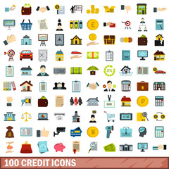 100 credit icons set, flat style