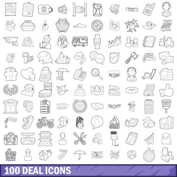 100 deal icons set, outline style