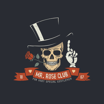 Skull with rose flower and classic head with ribbon and Mr. Rose club words. 