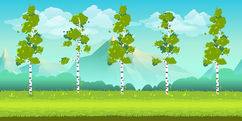 Seamless cartoon nature landscape, unending background with trees, mountains and cloudy sky layers. Vector illustration for your design.