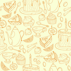 Seamless tea background with cakes, teapots, cups, candies. Time for tea and teapot, sweet pastries seamless background, doodle tea party hand drawn sketch