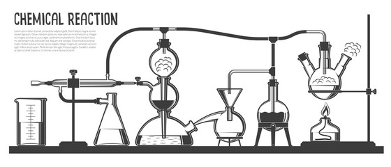 A complex chemical process in special glassware and devices in the scientific laboratory. Black and white vector illustration.