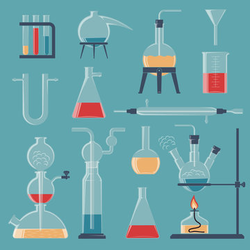 A set of various chemical glassware and devices. Vector color illustration.