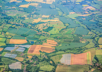 Aerial photo of the English.  Fields, towns, villages  viewed from the air in June