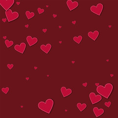 Red stitched paper hearts. Scatter pattern on wine red background. Vector illustration.