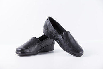 Female Black Shoe on White Background, Isolated Product, Top View, Studio.