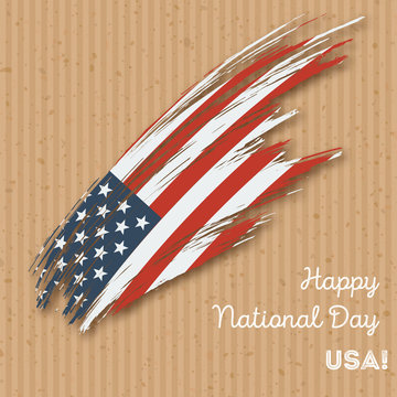 USA Independence Day Patriotic Design. Expressive Brush Stroke in National Flag Colors on kraft paper background. Happy Independence Day USA Vector Greeting Card.