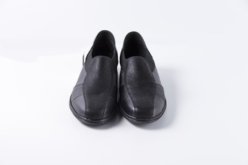 Female Black Shoe on White Background, Isolated Product, Top View, Studio.