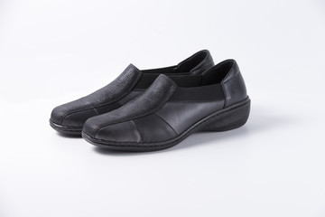 Female Black Shoe on White Background, Isolated Product, Top View, Studio.