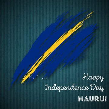 Nauru Independence Day Patriotic Design. Expressive Brush Stroke in National Flag Colors on dark striped background. Happy Independence Day Nauru Vector Greeting Card.