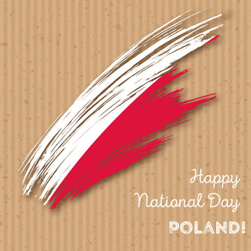 Poland Independence Day Patriotic Design. Expressive Brush Stroke in National Flag Colors on kraft paper background. Happy Independence Day Poland Vector Greeting Card.