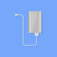 Portable power bank with cable isolated on blue background. Flat style icon. Vector illustration.