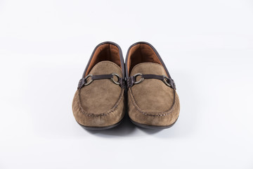 Male Brown Shoe on White Background, Isolated Product, Top View, Studio.