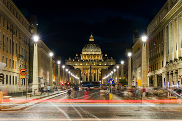 Saint Peter's Basilica at night in Rome
