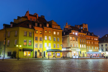 Night view of old town in Warsaw, Poland