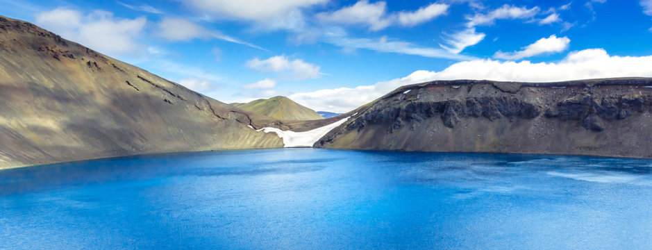 Panorama of Spectacular crater lake in Iceland. Hnausapollur (Bláhylur) or Blue Pool crater lake. Fjallabak Nature Reserve. Iceland
