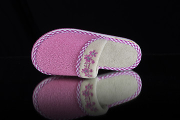 Female Pink Slipper on Black Background, Isolated Product, Top View, Studio.