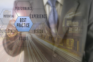 Business futuristic touchscreen with business conceptual text and light trail. Blurred background...