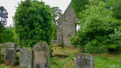 Derelict country graveyard with old headstones