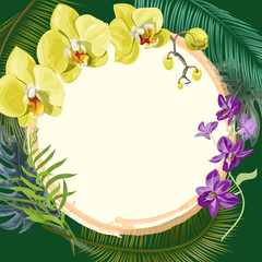 Tropical square card, round frame with bouquet yellow, purple orchids, flowers and buds, green palm, bamboo, monstera leaves on green background, digital draw illustration, template for design, vector