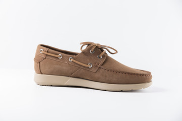 Male Brown Shoes on White Background, Isolated Product, Top View, Studio.