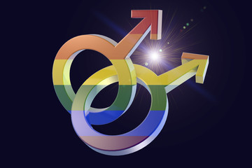 Gay symbol in rainbow colors and shining star, two male symbols crossed representing homosexual relationship, 3D illustration