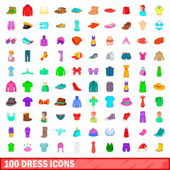 100 dress icons set, cartoon style