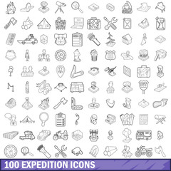 100 expedition icons set, outline style