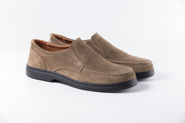 Male Brown Shoe on White Background, Isolated Product, Top View, Studio.