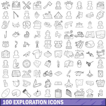 100 exploration icons set, outline style