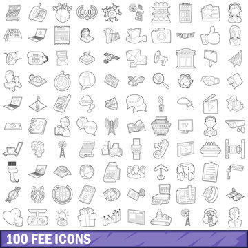100 fee icons set, outline style