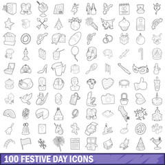 100 festive day icons set, outline style