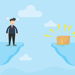 angry businessman standing on the edge looking for treasure box cartoon vector illustration