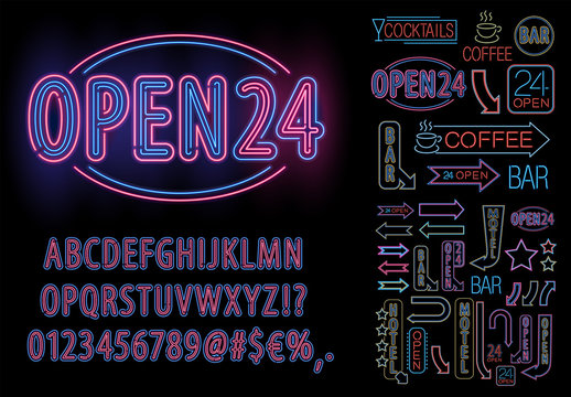 Colorful Neon Style Alphabet and Icon Set