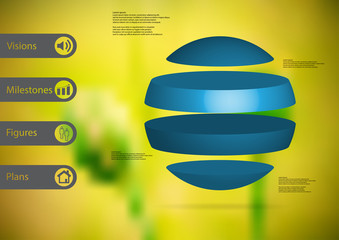 3D illustration infographic template with ball horizontally divided to four standalone blue parts