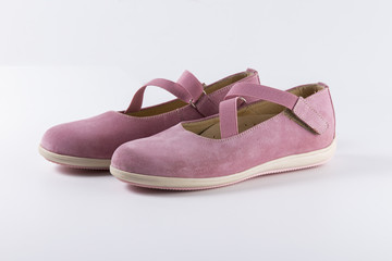 Female Pink Shoe on White Background, Isolated Product, Top View, Studio.