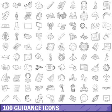 100 guidance icons set, outline style