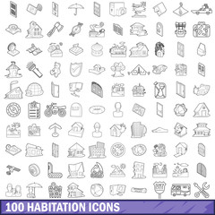 100 habitation icons set, outline style