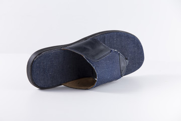 Male Blue Slippper on White Background, Isolated Product, Top View, Studio.