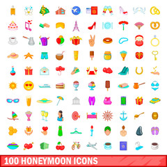 100 honeymoon icons set, cartoon style