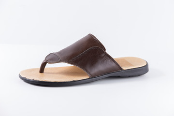 Male Brown Slipper on White Background, Isolated Product, Top View, Studio.