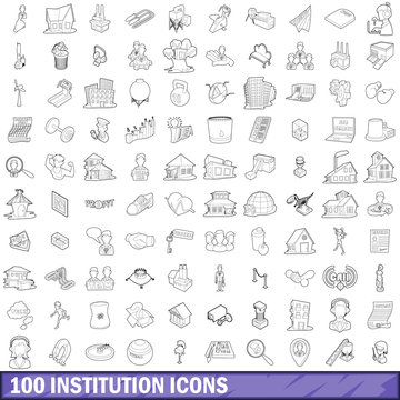 100 institution icons set, outline style